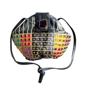 Women’s vintage Samir gemstone/leather shoulder bag, leather strap black & jewel